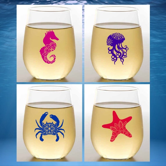 4-pack Wine-Oh! Designer Shatterproof Plastic 16 oz. Stemless Wine Glasses  SEA LIFE