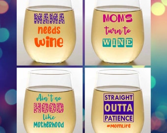 Set of 4 Plastic Unbreakable 16 oz Stemless Wine Glasses. Made in America!! FUNNY MOM