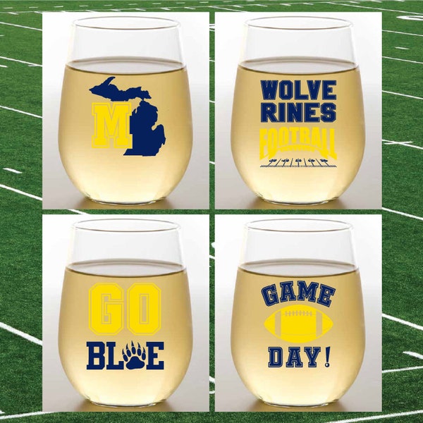 WOLVERINES-INSPIRED Set of 4 Plastic Unbreakable 16 oz Stemless Wine Glasses. Made in America!!