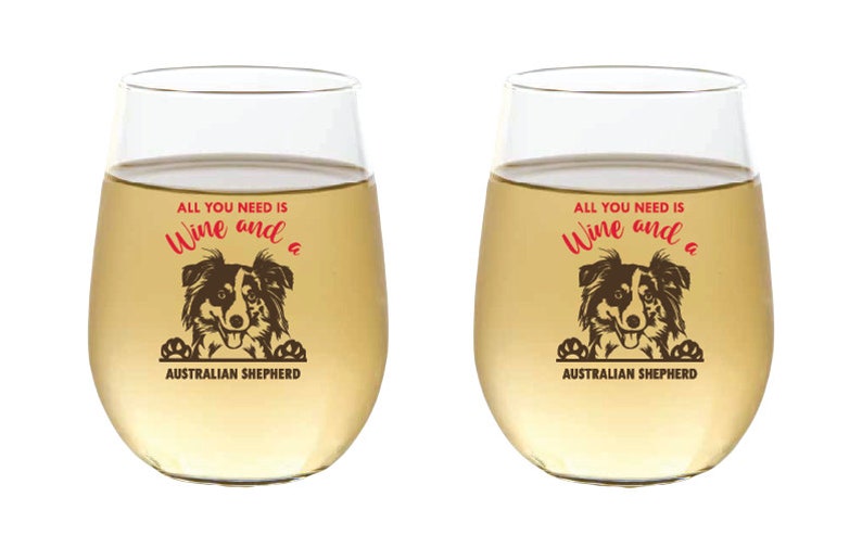 AUSTRALIAN SHEPHERD Wine-Oh DOG Breed Designer Shatterproof Plastic 16 oz. Stemless Wine Glasses 2-pack image 3