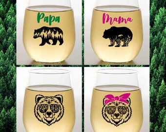 Set of 4 Plastic Unbreakable 16 oz Stemless Wine Glasses. Made in America!! MAMA and PAPA BEAR