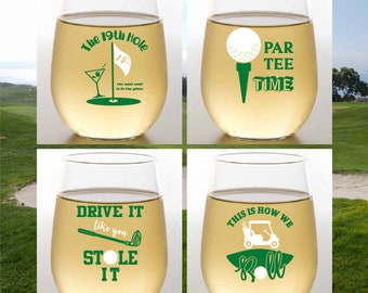 GOLF SAYINGS Set of 4 Plastic Unbreakable 16 oz Stemless Wine Glasses. Made in America!!