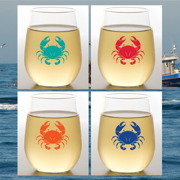 Set of 4 Plastic Unbreakable 16 oz Stemless Wine Glasses. Made in America!! CRABBY