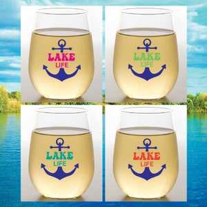 LAKE LIFE Set of 4 Tritan Plastic Unbreakable 16 oz Stemless Wine Glasses - Made in America - Dishwasher Safe