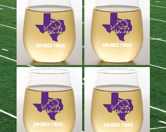 HORNED FROGS-Inspired Wine-Oh! Designer Shatterproof PLASTIC 16 oz. Stemless Wine Glasses 4-pack