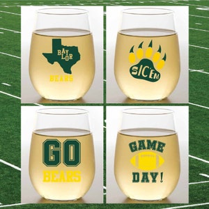 BAYLOR-INSPIRED Set of 4 Plastic Unbreakable 16 oz Stemless Wine Glasses. Made in America!!