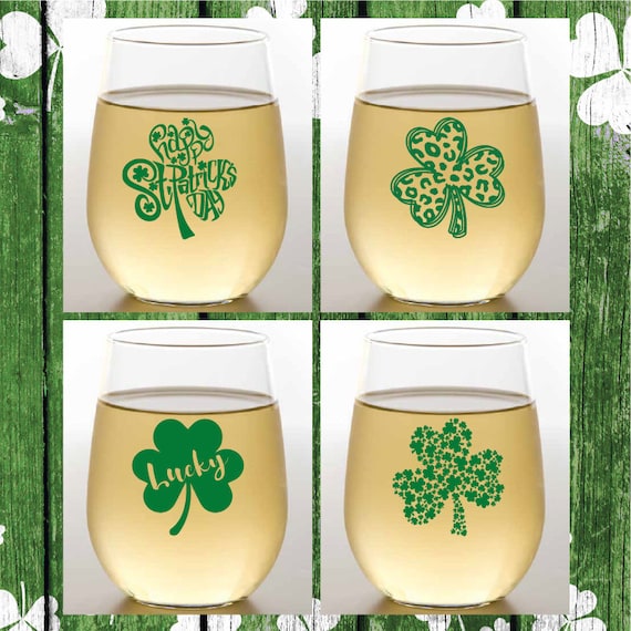 Set of 4 Tritan Unbreakable Stemless 16 oz Wine Tumblers SHAMROCKS