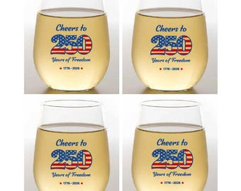USA 250th Anniversary Set of 4 Tritan Plastic Unbreakable 16 oz Stemless Wine Glasses. Made in America!! Dishwasher Safe