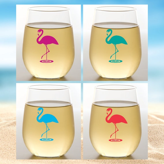 4-pack Wine-Oh! Designer Shatterproof Plastic 16 oz. Stemless Wine Glasses  FLAMINGOS