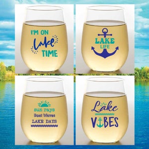 ON LAKE TIME Set of 4 Tritan Plastic Unbreakable 16 oz Stemless Wine Glasses. Made in America!! Dishwasher Safe