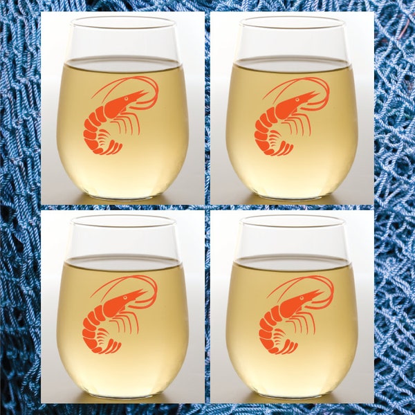 SHRIMP Set of 4 Plastic Unbreakable 16 oz Stemless Wine Glasses. Made in America!!