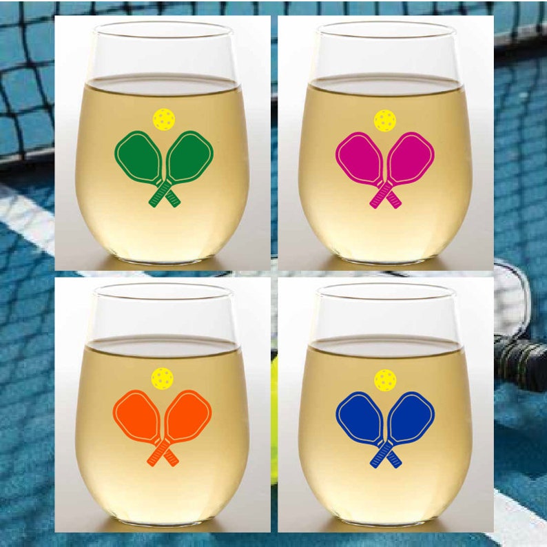 PICKLEBALL Set of 4 Plastic Unbreakable 16 oz Stemless Wine Glasses. Made in America image 1