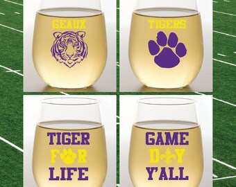 LOUISIANA TIGERS Set of 4 Plastic Unbreakable 16 oz Stemless Wine Glasses. Made in America!!