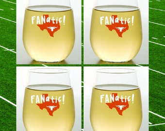 Set of 4 Plastic Unbreakable 16 oz Stemless Wine Glasses. Made in America!! LONGHORN FANATIC! CLOSEOUT