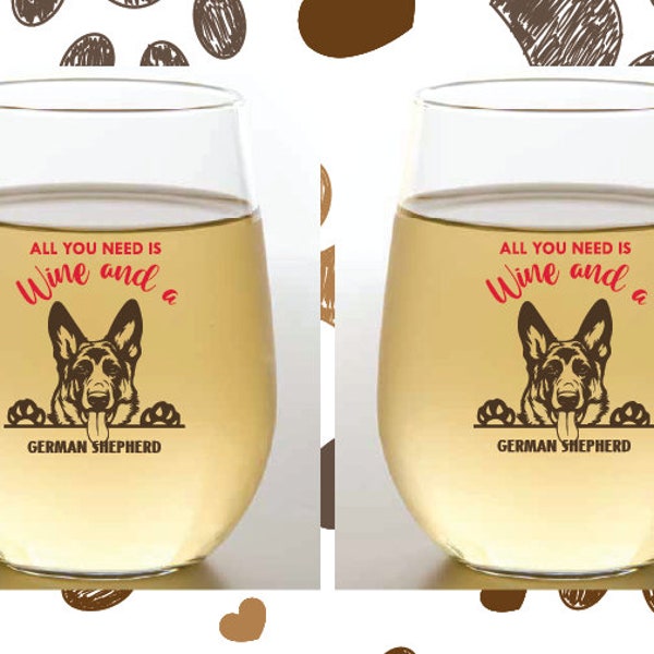 GERMAN SHEPHERD Wine-Oh! DOG Breed Designer Shatterproof Plastic 16 oz. Stemless Wine Glasses 2-pack