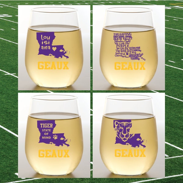 LSU-Inspired STATES Set of 4 Plastic Unbreakable 16 oz Stemless Wine Glasses. Made in America!!