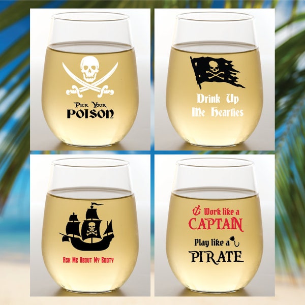 Set of 4 Plastic Unbreakable 16 oz Stemless Wine Glasses. Made in America!! PIRATES