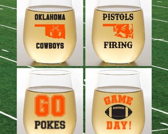 OKLAHOMA COWBOYS-Inspired Set of 4 Plastic Unbreakable 16 oz Stemless Wine Glasses. Made in America!!