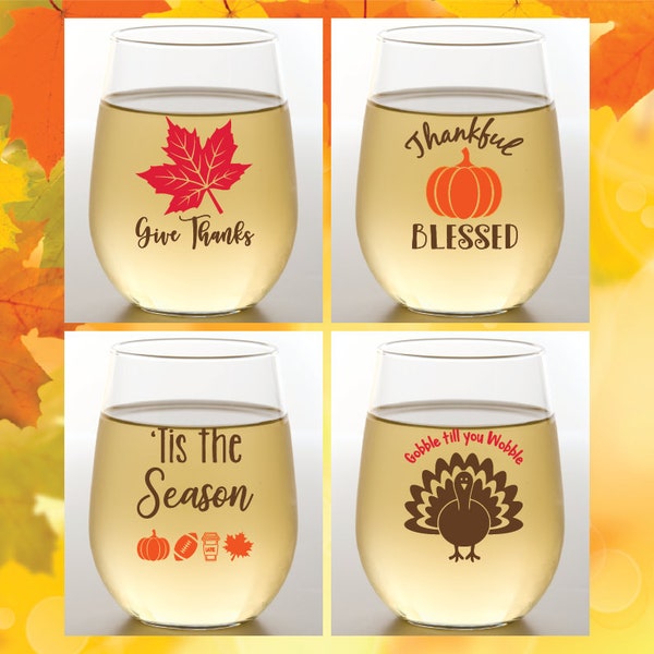 THANKSGIVING Set of 4 Plastic Unbreakable 16 oz Stemless Wine Glasses. Made in America!!