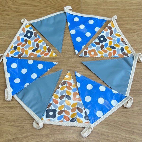 Outdoor Waterproof Oilcloth Bunting -  Retro Floral,  Blue Polka Dots, Blue/Grey Solid -  Single or Double Sided - 10/20 Ft - Orla Kiely