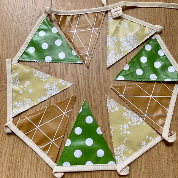 Outdoor Waterproof Oilcloth Bunting - Geometric Dark Gold -  Pale Yellow Blossom & Green Polka Dots - Single or Double Sided - 10/20 Ft