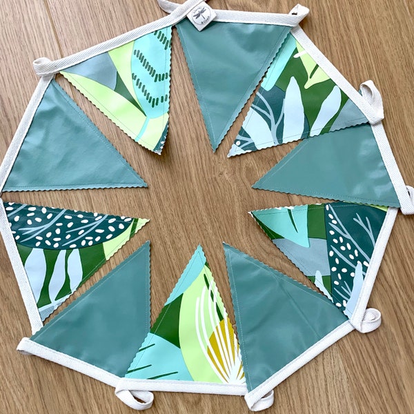 Outdoor Waterproof Oilcloth Bunting - Green Tropical Plants - 10 or 20 Foot - Indoor or Outdoor Garland- Single Sided