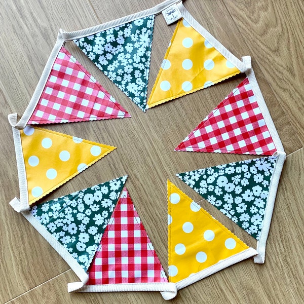 Outdoor Waterproof Oilcloth Bunting - Yellow Polka Dots, Red Gingham & Green Flowers - 10/20 Foot -  Single or Double Sided - Garden Party