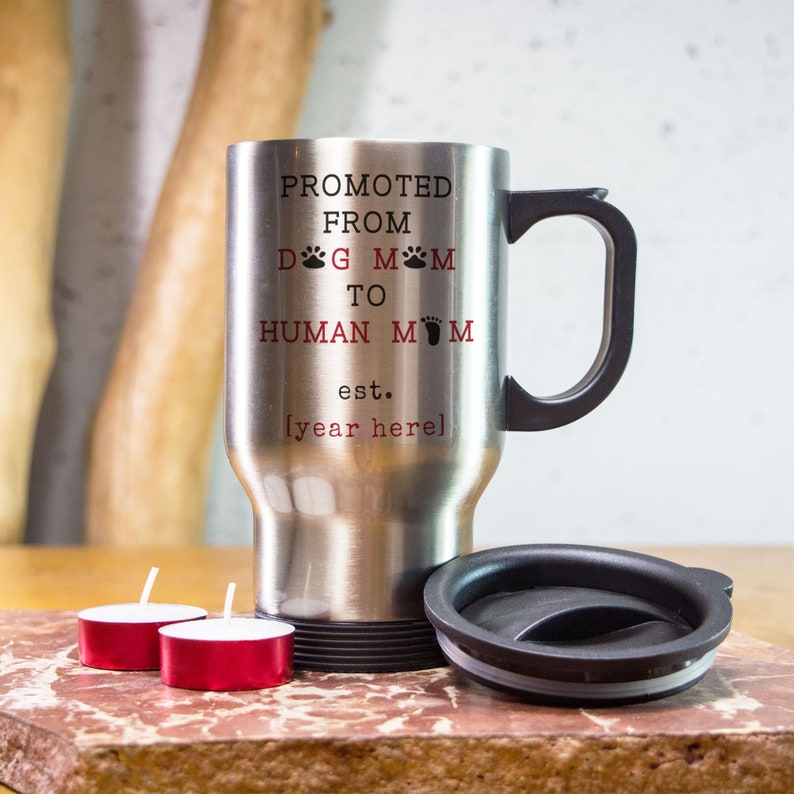 First Time Mom Gift For Best Friend Female Baby Reveal Announcement Travel Mug Promoted from Dog Mom Personalized