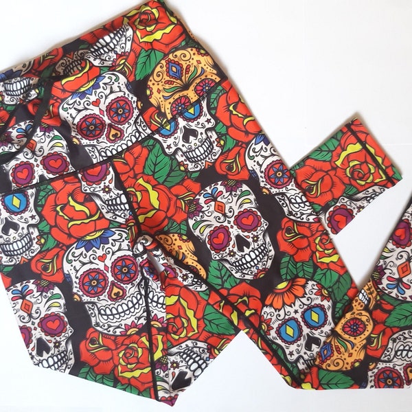 High Rise Drawstring Waist Squat Proof Gym Leggings Active Wear Sugar Skulls