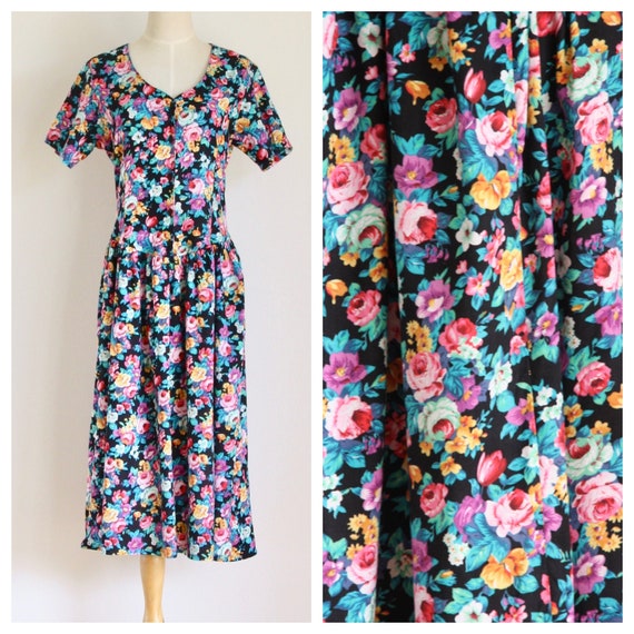 90s black floral summer dress. Bright floral dress