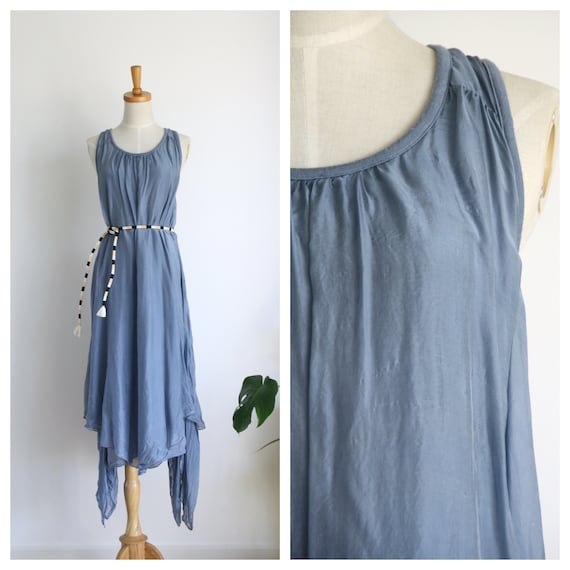 Vintage pale blue silk maxi dress. Blue crinkle ta