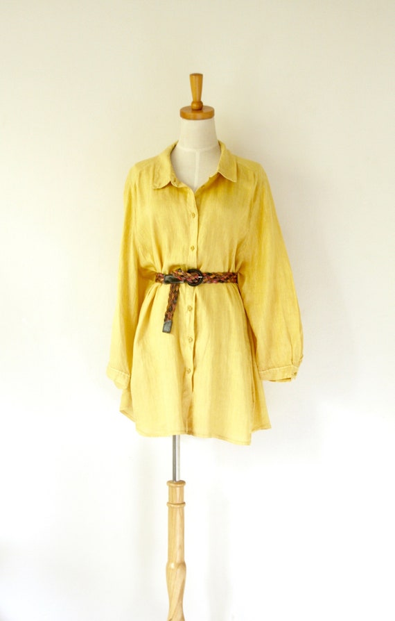 90s pastel dress. Yellow linen shirt dress. Summer