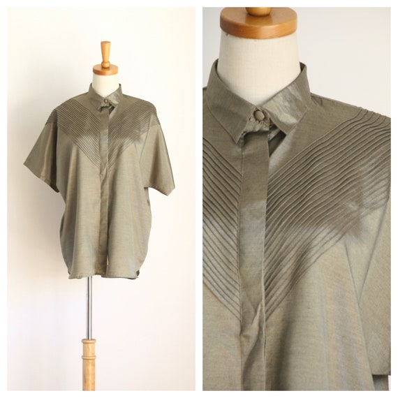 Bronze silk blouse. Khaki batwing shirt. Tropical
