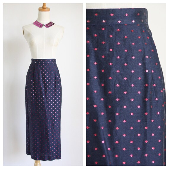 Vintage 80s 90s pencil skirt. Blue polka dot penci