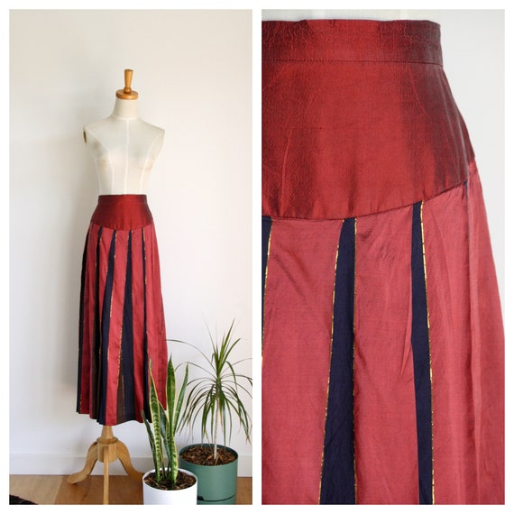 Vintage red silk skirt. 80s pleat raw silk skirt.