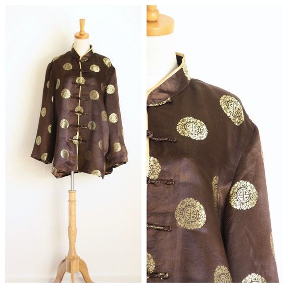 Silk Chinese jacket. Brown gold Chinese coat. Silk