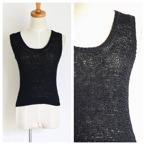 90s black textured tank top. Black knit top. Grung
