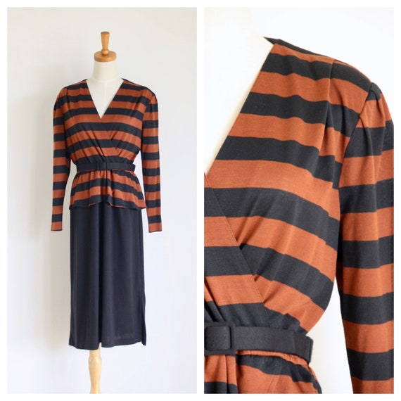 80s does 40s brown black striped dress. Striped Pe