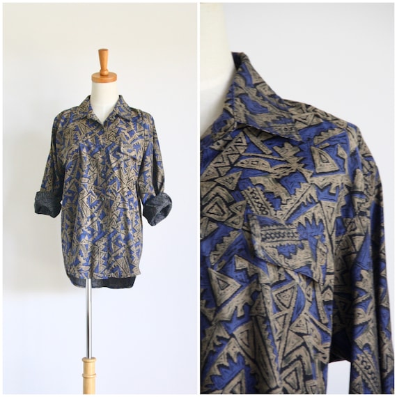 Mens 90s abstract shirt. Mens blue gold shirt. Men