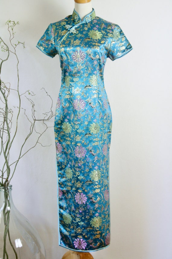 90s Blue cheongsam dress. Teal blue Chinese dress.