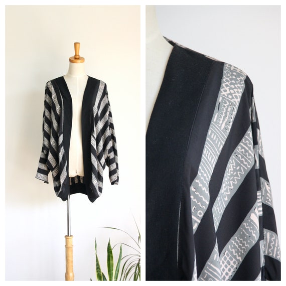 80s Abstract cocoon coat. Black striped jacket. sc