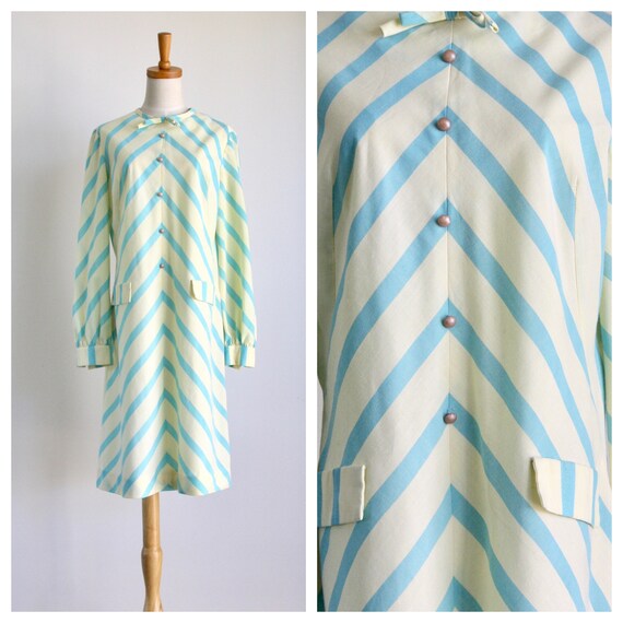 Vintage Mod lemon stripe dress. Green yellow 60s d