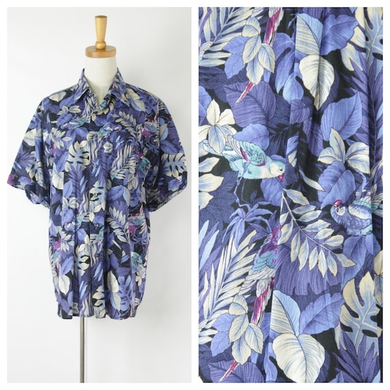 Mens blue tropical shirt. Vintage Hawaiian shirt.