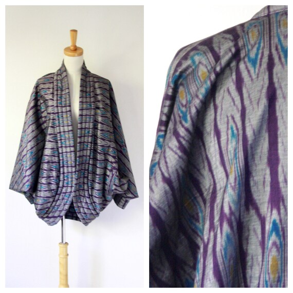 Ikat cocoon coat. Purple silver Ikat jacket. 90s I