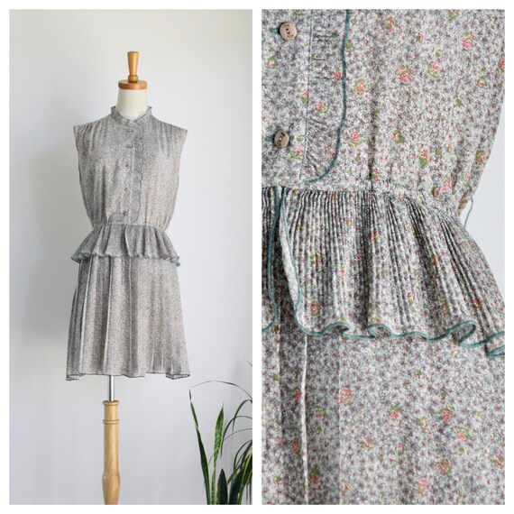 Vintage grey floral pleat dress. Vintage 80s peplu