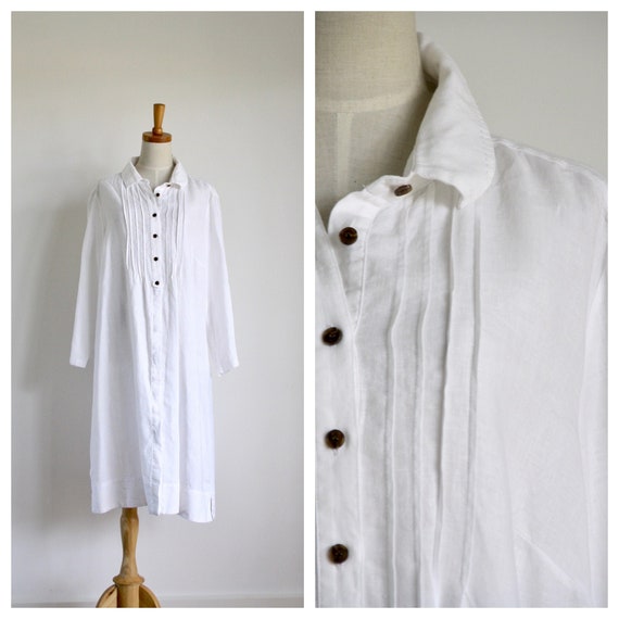 Vintage White linen dress. Linen shirt dress. Summ