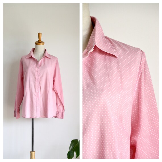 Vintage 90s pink polka dot blouse. Pastel pink shi