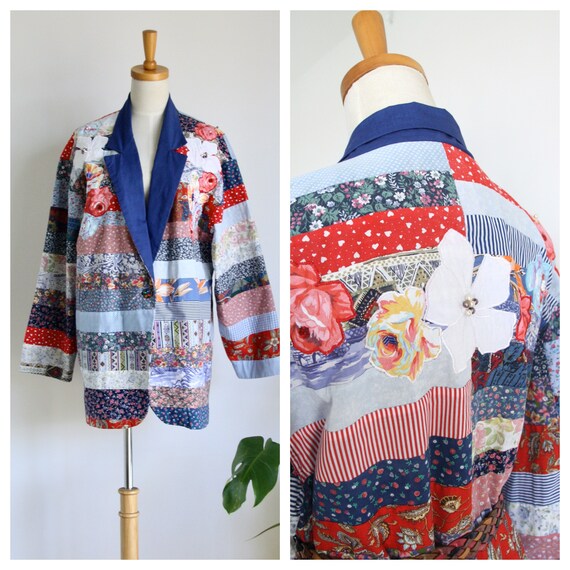 Vintage patchwork jacket. Quilt jacket. Blue 80s p