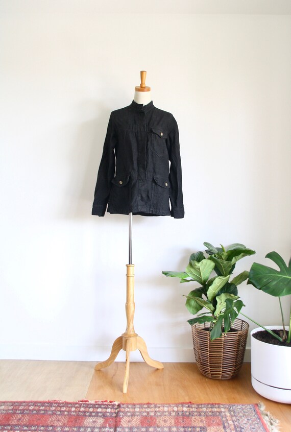 90s Black linen jacket. Black linen chore jacket.
