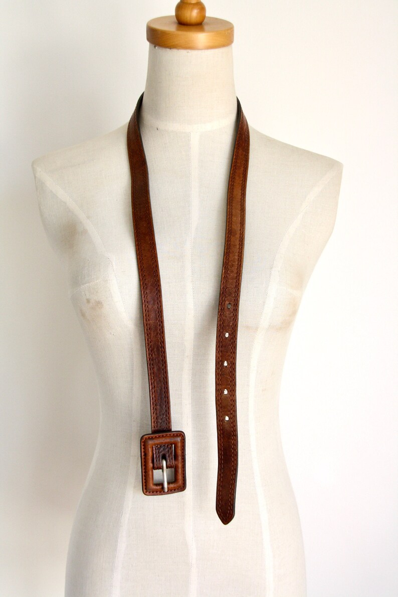 Caramel brown leather belt Vintage skinny brown leather belt 33w Square buckle belt Womens belt 37w